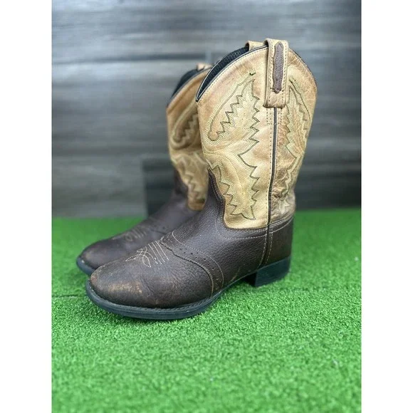 Old West Youth Kids Size 2.5M Shoes Brown Black Leather Western Cowboy Boot - Picture 1 of 6